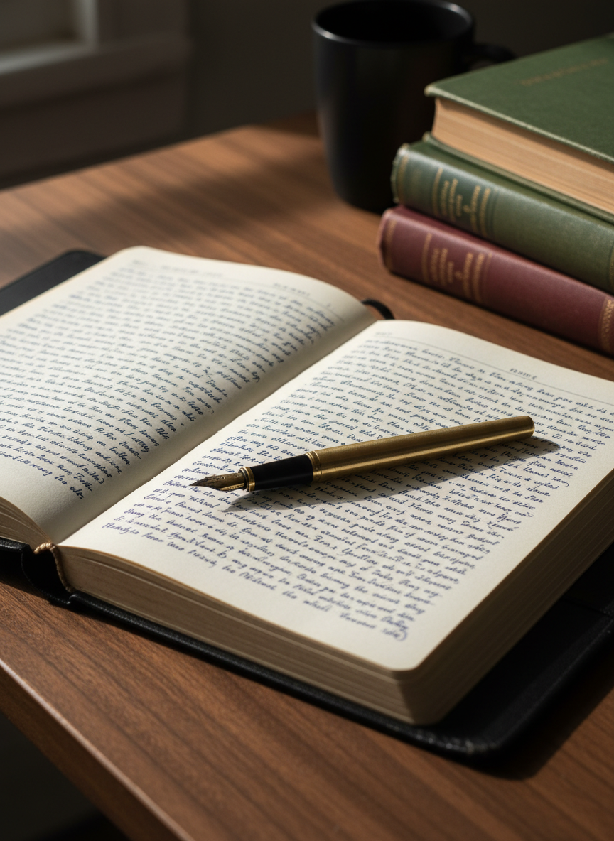 A well-worn black leather notebook lying open on a dark walnut desk, its creamy pages filled with neat, flowing handwritten lines in deep blue ink. A slim brass fountain pen rests diagonally across the center fold, its nib catching a sliver of light. In the background, slightly out of focus, a stack of classic hardbound books with textured cloth covers leans against a matte black ceramic mug. Soft afternoon light filters in from an unseen window to the left, casting gentle, directional shadows and a warm, contemplative glow. Photographic realism, shot at eye level with a shallow depth of field, creating an intimate, sophisticated atmosphere that feels like the quiet moment before writing continues.