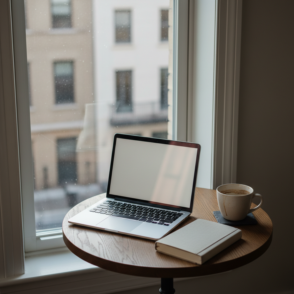 An elegant corner of a room where a small round bistro table in dark-stained oak sits beneath a tall, narrow window. On the table, a slim silver laptop displays a blank document beside a linen-bound journal and a heavy, sand-colored ceramic mug with faint coffee rings on a slate coaster. Outside the window, blurred city architecture in neutral tones suggests an urban neighborhood. Early morning natural light streams in, cool and crisp, illuminating dust motes in the air and creating soft reflections on the laptop’s metal surface. Photographic realism, framed using the rule of thirds with a slightly elevated angle, evoking a sophisticated, focused environment perfect for crafting essays and reported stories.