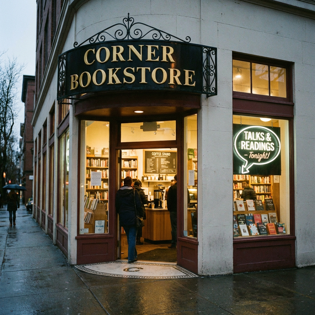 Corner Bookstore storefront with signs for evening talks and a coffee stand inside.