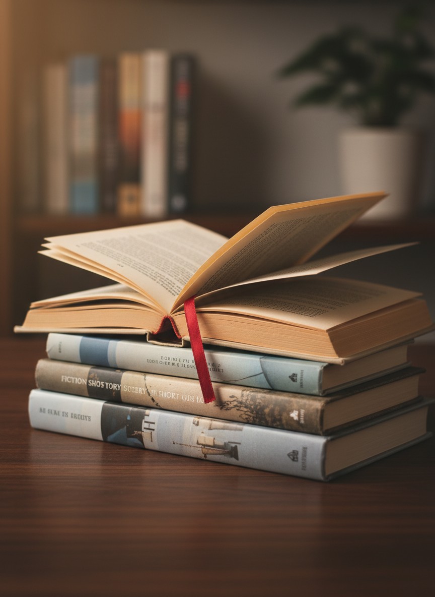 Clean, contemporary literary scene suggesting fiction: a small stack of well-loved paperback novels and short story collections on a dark wood table, one open with a ribbon bookmark, soft warm light from the left, shallow depth of field, neutral muted color palette, no bright or cartoonish elements.