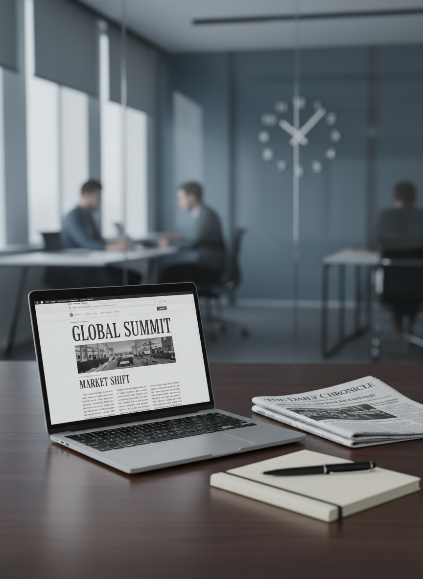 Clean, contemporary scene suggesting news and journalism: a slim laptop on a dark wood desk displaying a monochrome news homepage, beside a folded newspaper and a reporter’s notebook with a pen, cool neutral lighting, shallow depth of field, modern newsroom feel, no bright or cartoonish elements.