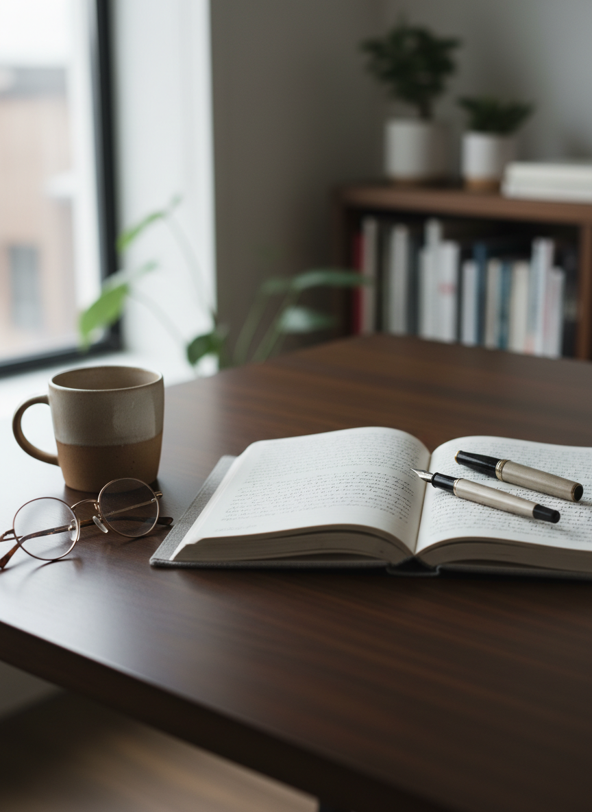 Clean, contemporary literary scene suggesting nonfiction and reality: a clothbound journal open on a dark wood table with neat handwritten notes, a fountain pen resting on the page, a pair of glasses and a ceramic mug nearby, soft natural light, documentary feel, muted neutral color palette, no bright or cartoonish elements.