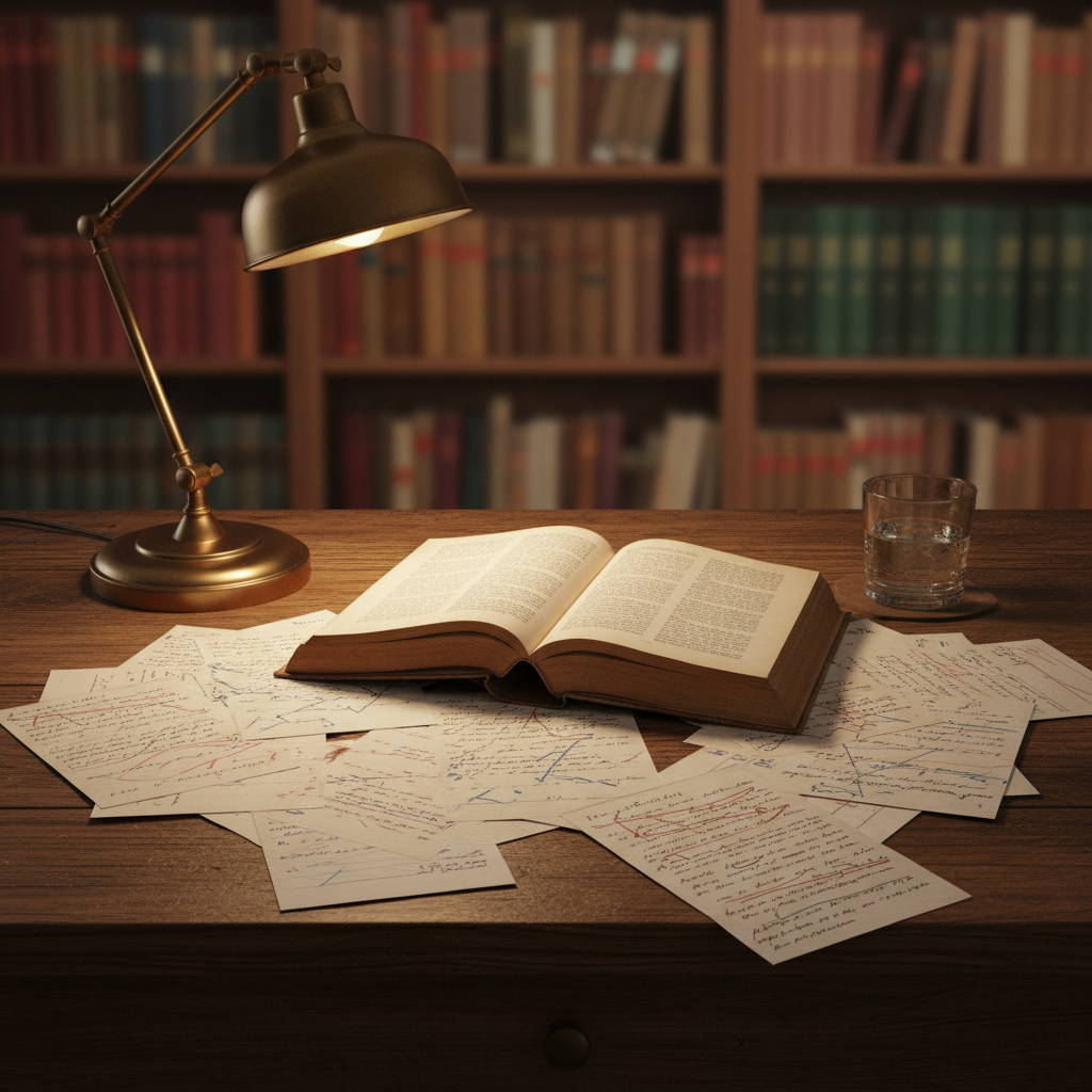 A square, photographic-style image evoking fiction and imaginative storytelling: a wooden desk with an open novel and scattered manuscript pages covered in edits, a lit brass desk lamp casting warm light, and a small glass of water; background softly blurred bookshelves. Neutral, muted palette to match a sophisticated literary website aesthetic.