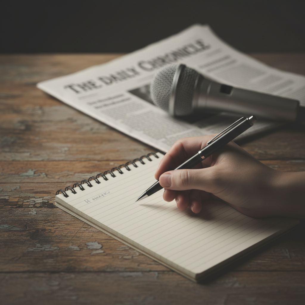 A square, photographic-style image evoking news and journalism: a close-up of a reporter’s hand holding a small notepad and pen, with a handheld microphone on the table, and a folded newspaper partially in view. Neutral, muted palette to match a sophisticated literary website aesthetic, soft directional lighting, shallow depth of field.